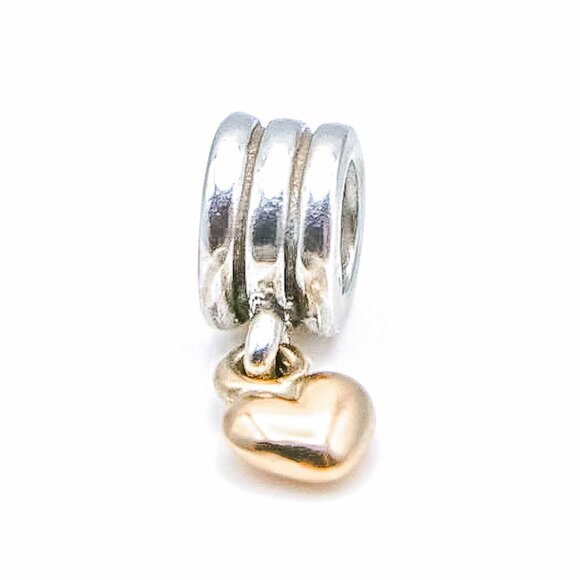 PANDORA Retired Dangling Heart Sterling Silver Dangle Charm With 14K Gold Heart - Picture 2 of 5